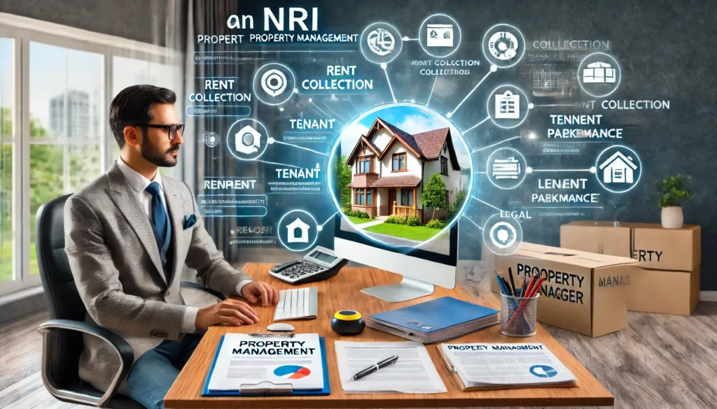 DALL·E 2024-09-18 05.19.46 - A professional property manager overseeing property management tasks for an NRI, including rent collection, tenant management, and legal paperwork. Th